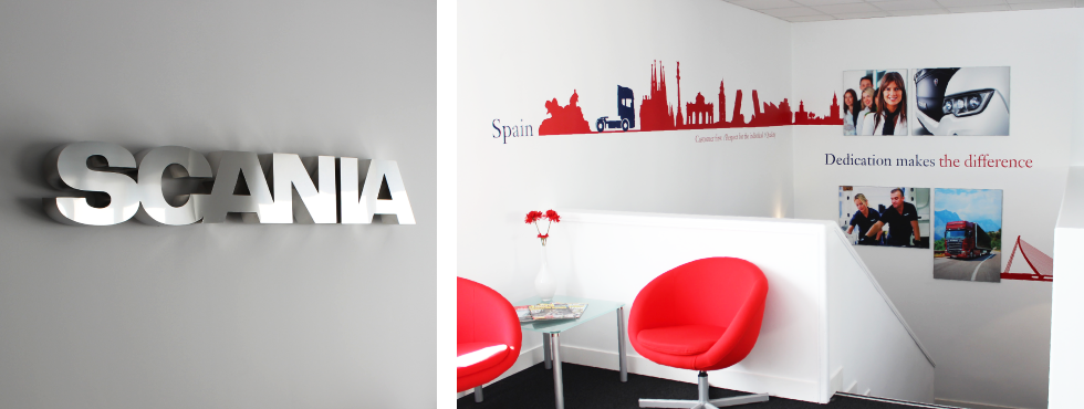 Decoración Oficinas Scania Hispania Rótulo Cromado y Hall Dirección
